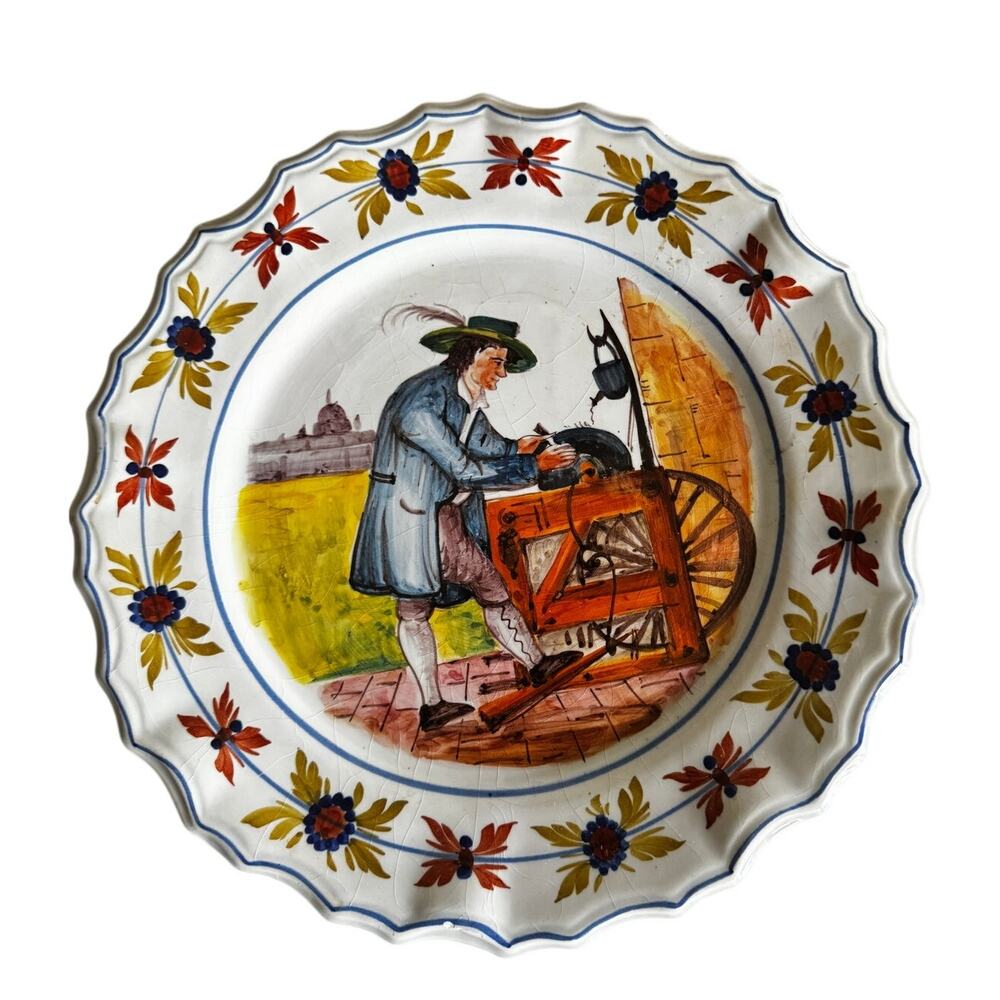 Vintage Italian Faience Plate - Knife Grinder - Hand Painted- early 1900's
